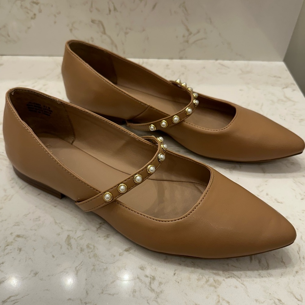 Crown & Ivy Tan Flats with Pearl Accents